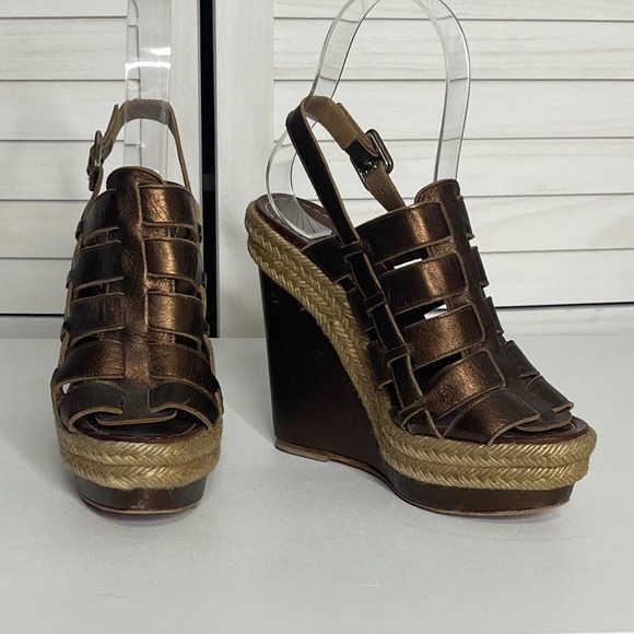 Christian Louboutin Metallic Bronze Leather Barcelona Wedge Sandals Size 35 - Picture 3 of 8
